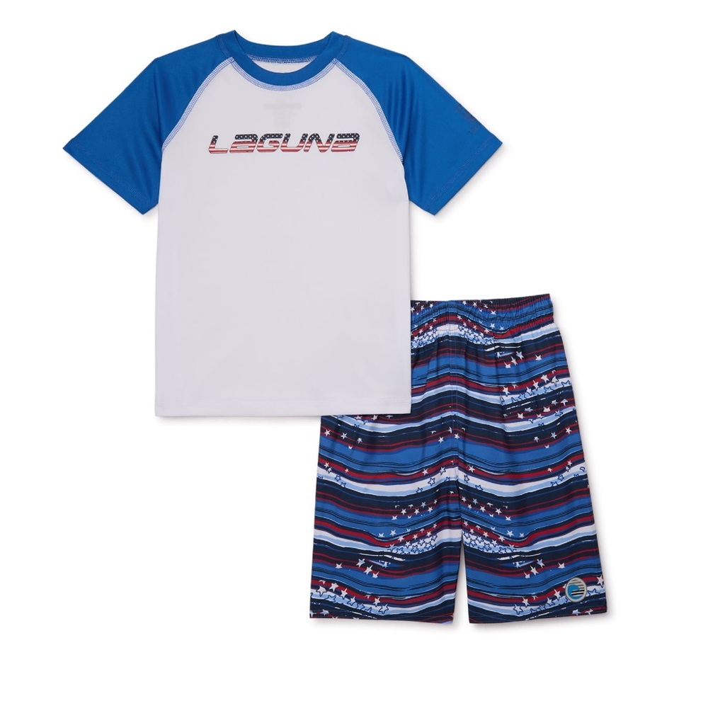 Laguna Boy’s Americana UPF 50 Short Sleeve Rashguard & Swim Trunks Set NWT